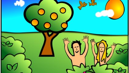 Zeichentrick-Illustration, die Adam und Eva im Paradies zeigt.