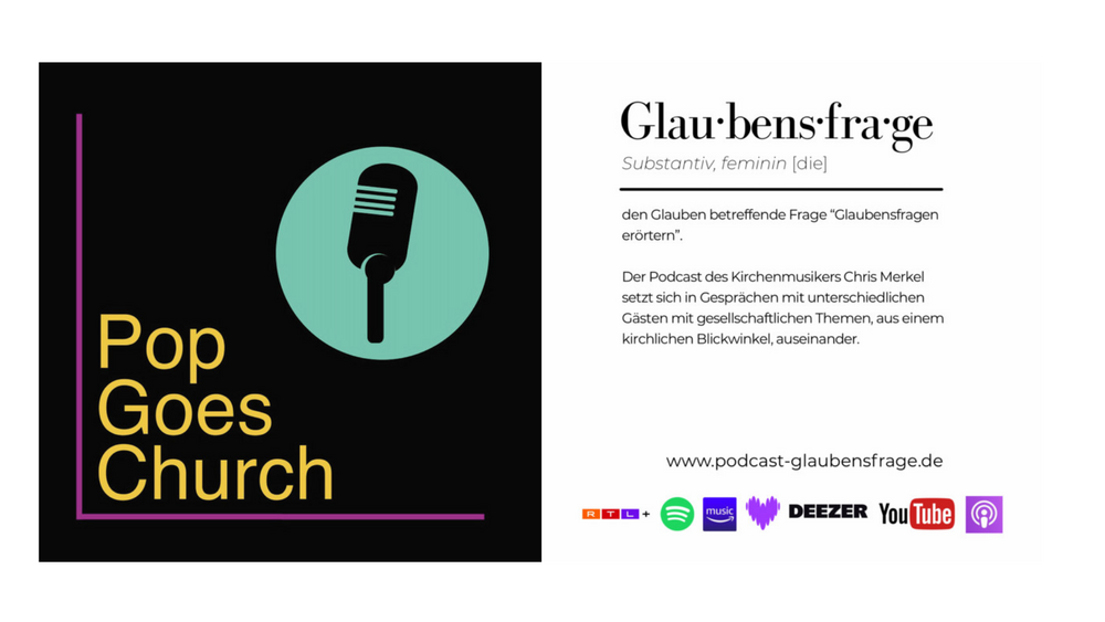 Die Titelbilder von Pop goes Church und Glaubensfragen sind hier zu sehen. Es sind graphische Layouts in Schwarz gelb türkis und schwarz und in schwarz weiß. Es handelt sich um Podcasts über Gott und Musik.