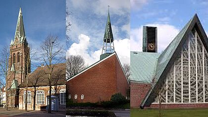 Kollage aus 3 Kirchen St. Nikolai, Ansgar und Luther (Außenansichten)