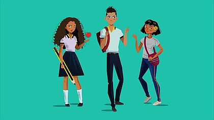 Illustration: Drei Schüler stehen mit Tasche und Bleistift