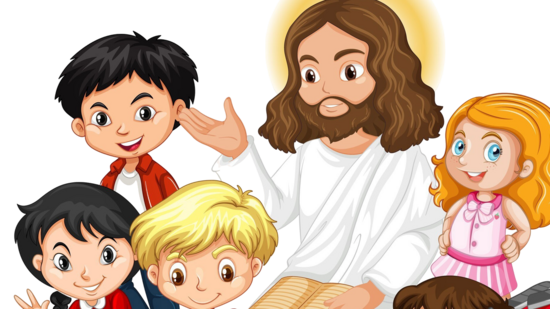 Cartoon-Darstellung mit Jesus und Kindern