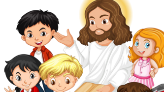 Cartoon-Darstellung mit Jesus und Kindern