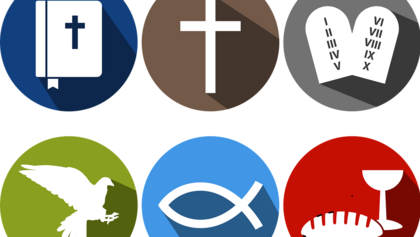 Christliche Icons: Bibel, Kreuz, Fisch, Brot und Wein, 10 Gebote, Taube