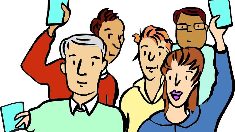 Gezeichnete Menschen mit Stimmzettel in der Hand