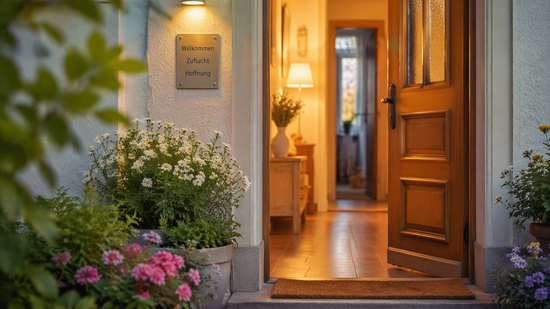 Eine offene Haustür mit warmem Licht, Blumen vor dem Eingang, ein sicherer und einladender Ort. Freundliche, realistische Fotografie, geeignet für die Öffentlichkeitsarbeit eines Frauenhauses und einer kirchlichen Spendenaktion.
