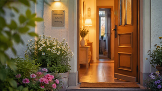 Eine offene Haustür mit warmem Licht, Blumen vor dem Eingang, ein sicherer und einladender Ort. Freundliche, realistische Fotografie, geeignet für die Öffentlichkeitsarbeit eines Frauenhauses und einer kirchlichen Spendenaktion.